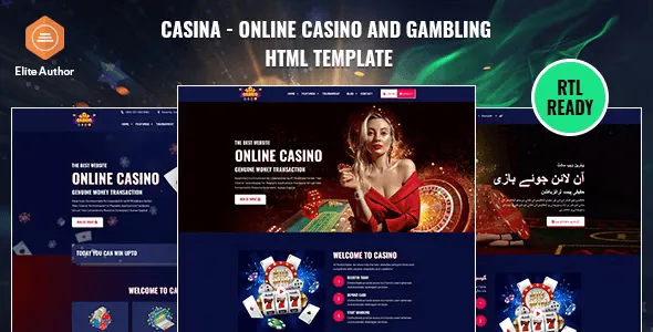Casina casino gambling HTML template preview showing responsive Bootstrap grid layout and layered page design