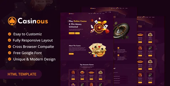 Casinous modern online casino HTML template preview