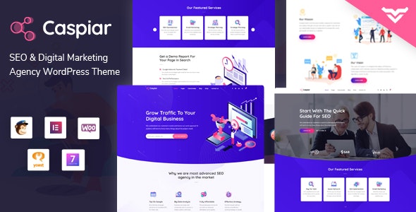 Caspiar digital marketing agency WordPress theme homepage preview showing professional corporate website design with Elementor compatibility