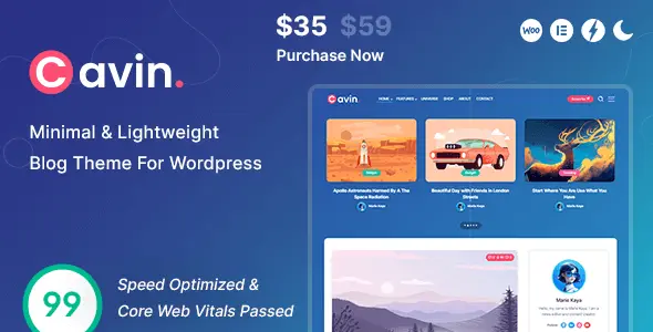 Cavin minimalist WordPress blog theme homepage demo showing clean layout and fast loading design.