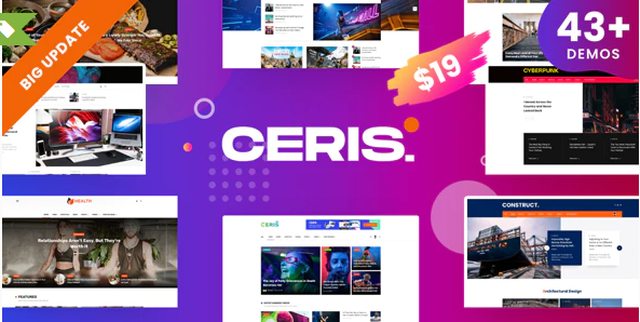 Ceris WordPress theme homepage demo showing a clean magazine layout with featured articles, category grid, and newsletter signup