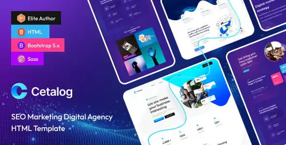 Cetalog SEO agency HTML template preview showing responsive Bootstrap 5 design