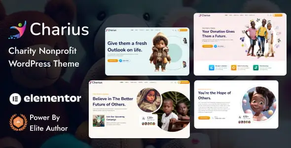 Charius nonprofit WordPress theme showcasing a charity website layout