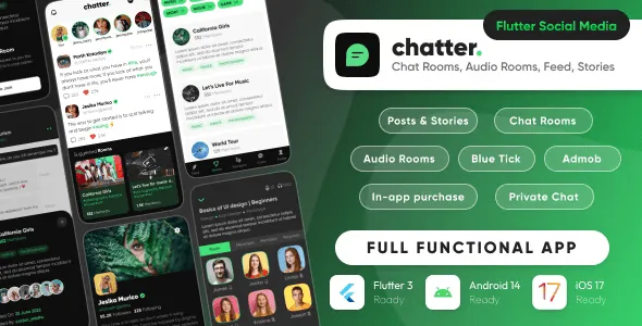 Chatter social media app script dashboard showing feed, chat rooms, and audio rooms on mobile devices