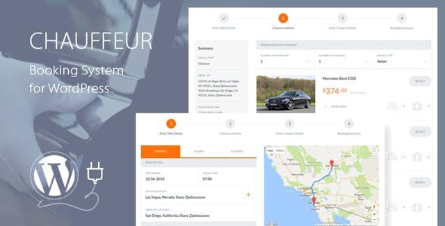 WordPress chauffeur booking plugin interface showing limousine reservation form with route mapping and payment options
