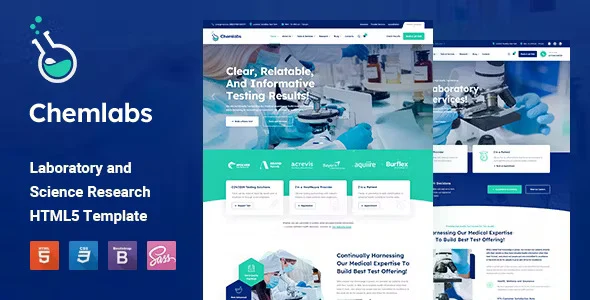 Chemlabs laboratory HTML5 template homepage preview for science and medical websites