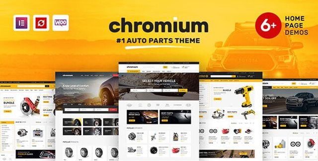 Chromium automotive WordPress theme homepage demo with Make Model Year filter and auto parts catalog