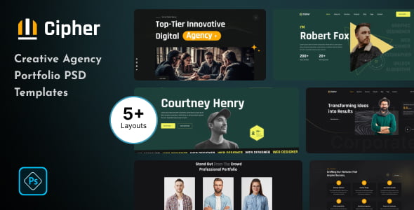 Cipher creative agency HTML template homepage preview showing hero section, services grid, and portfolio showcase