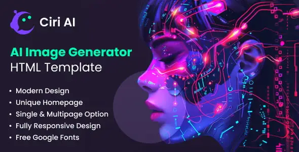 Ciri AI HTML template preview showing AI image generator website layout on desktop and mobile devices