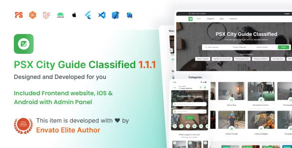 City Guide Classified App Script dashboard showing directory listings and Flutter mobile app interface