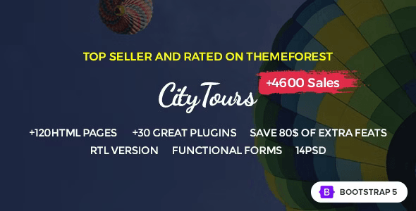 CityTours HTML5 travel template showcasing tourism website layouts with booking features
