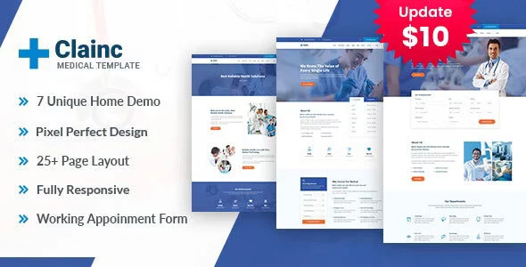 Clainc health and medical HTML template preview showing responsive clinic website design
