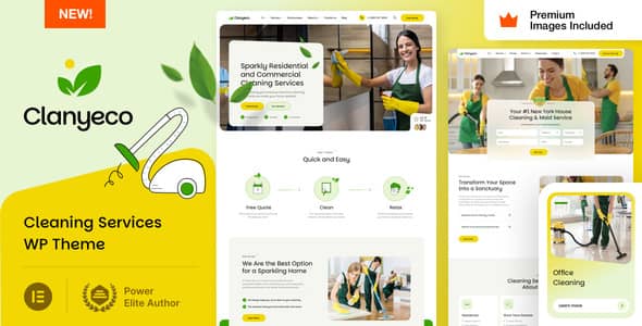 ClanyEco cleaning services WordPress theme homepage preview showing service grid, quote form, and testimonials on desktop and mobile