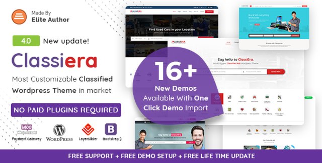 Classiera Classified Ads WordPress Theme dashboard showing front-end user panel, Google Maps listing view, and pricing plan configuration