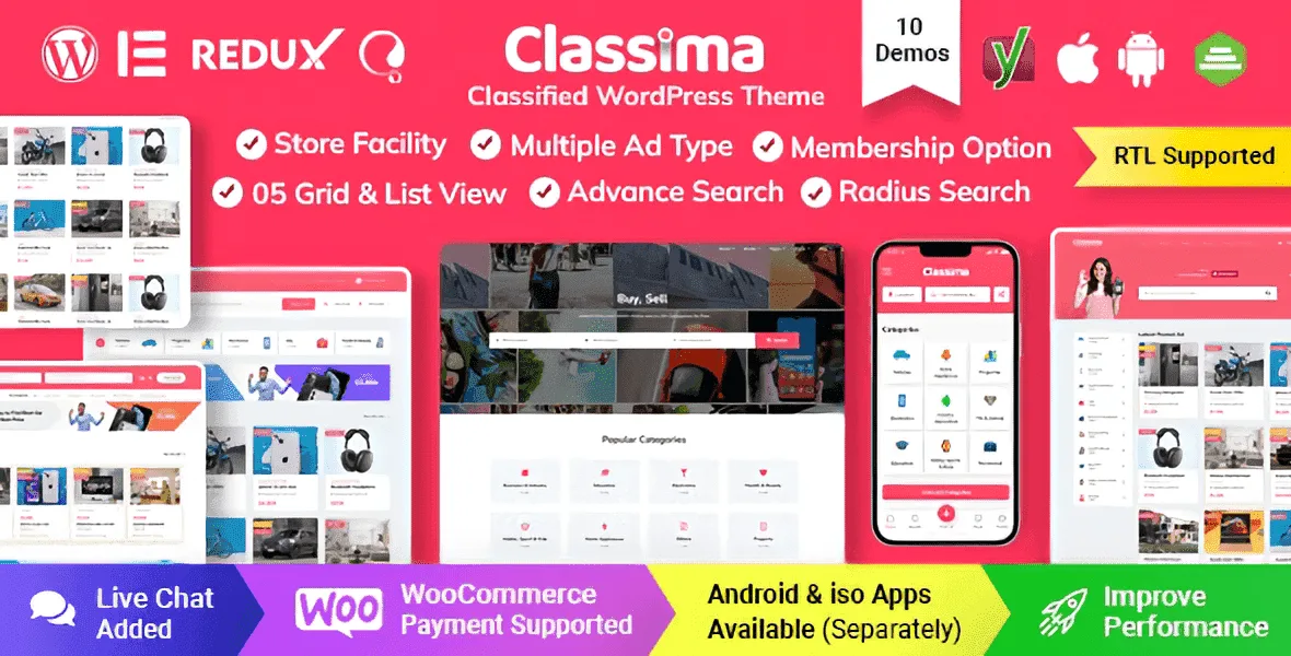 Classima classified ads WordPress theme homepage layout with listing grid and search filters