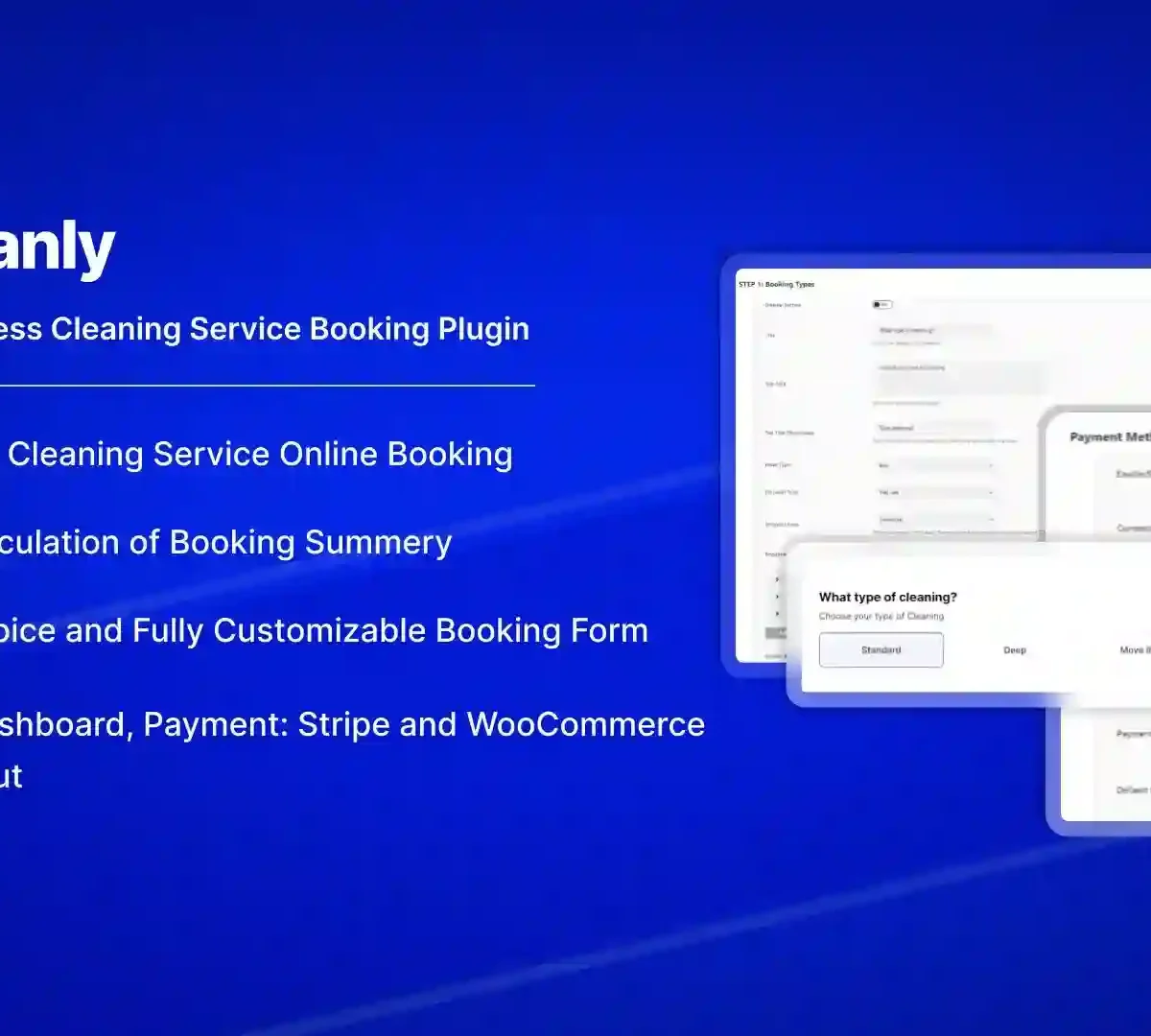 Cleanly WordPress plugin dashboard showing cleaning service booking calendar with staff assignments and service options