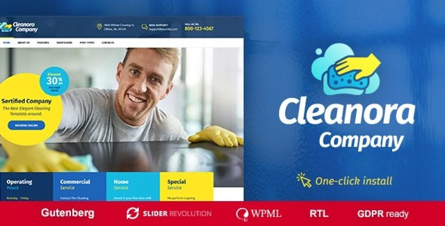 Cleanora cleaning services WordPress theme homepage preview