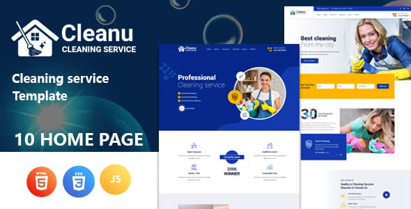Cleanu responsive cleaning service HTML5 template homepage preview with Elementor PRO customization