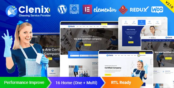 Clenix cleaning services WordPress theme homepage demo preview