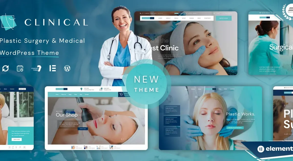 Clinical plastic surgery WordPress theme preview showing a professional medical clinic website layout