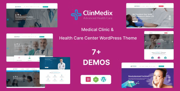 Clinmedix medical WordPress theme preview showing healthcare website layout with appointment forms and doctor profiles