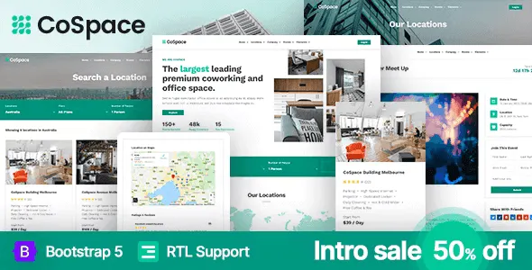 CoSpace coworking space website template homepage layout preview