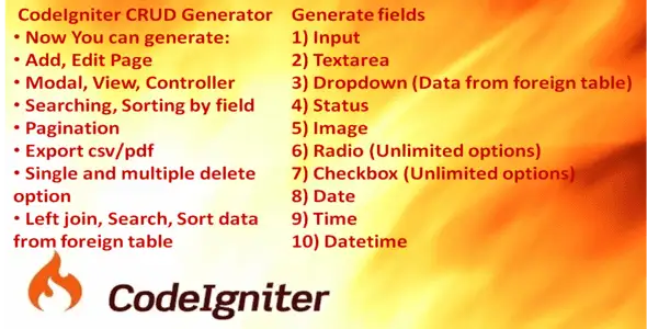 CodeIgniter CRUD Generator dashboard showing generated admin panel with data grid, modal form, and export options