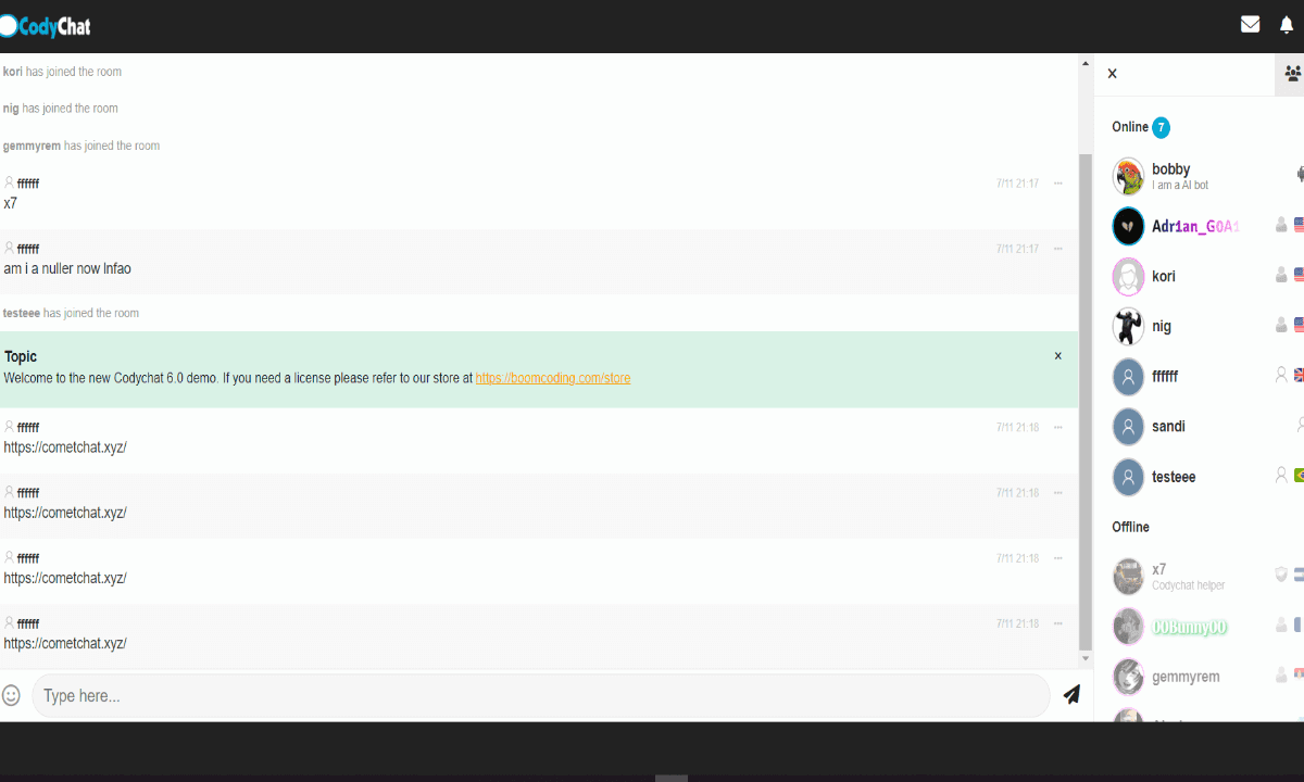 CodyChat PHP chat script interface showing community and private messaging features