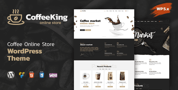 CoffeeKing coffee shop WordPress theme homepage design with WooCommerce store layout