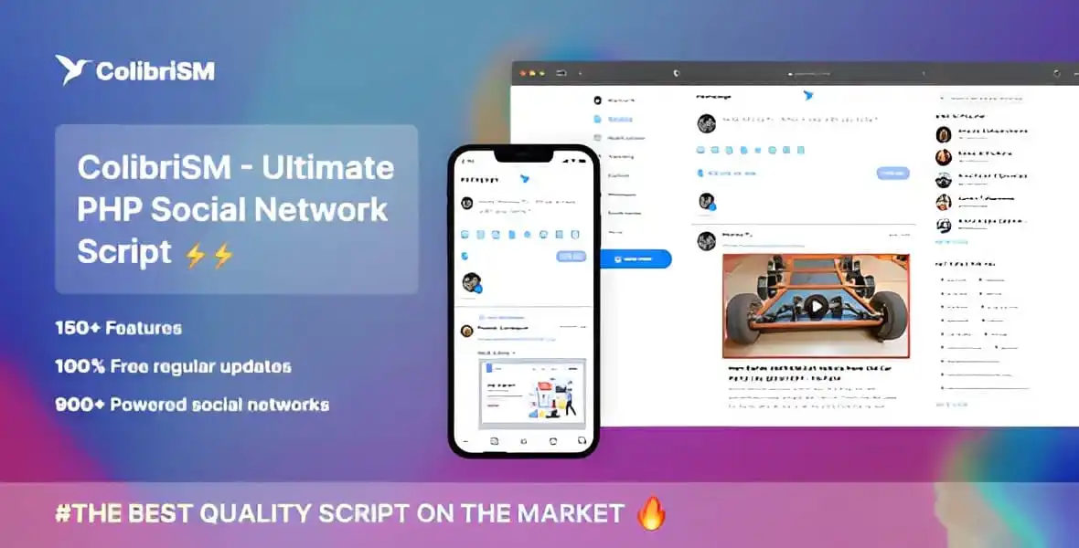 ColibriSM PHP social media platform script interface showing responsive social network features