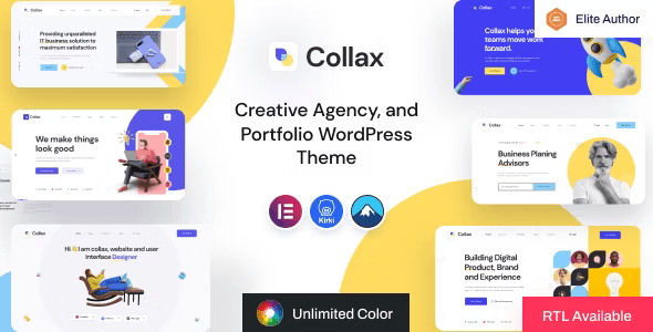 Collax creative agency WordPress theme showcasing 8 pre-built homepage designs with Elementor portfolio layouts