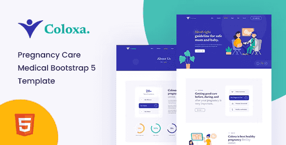 Coloxa pregnancy care Bootstrap 5 HTML template preview showing maternity clinic homepage design