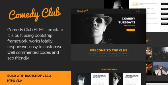 Comedy club HTML template with responsive layout and modern design