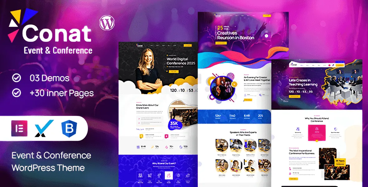 Conat Event & Conference WordPress Theme homepage preview showing responsive event layout with Elementor builder