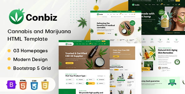 Conbiz medical marijuana HTML template for CBD dispensary and cannabis store websites
