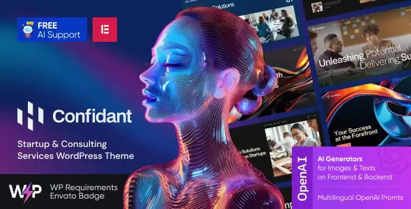 Confidant startup and consulting WordPress theme homepage layout preview with Elementor page builder integration