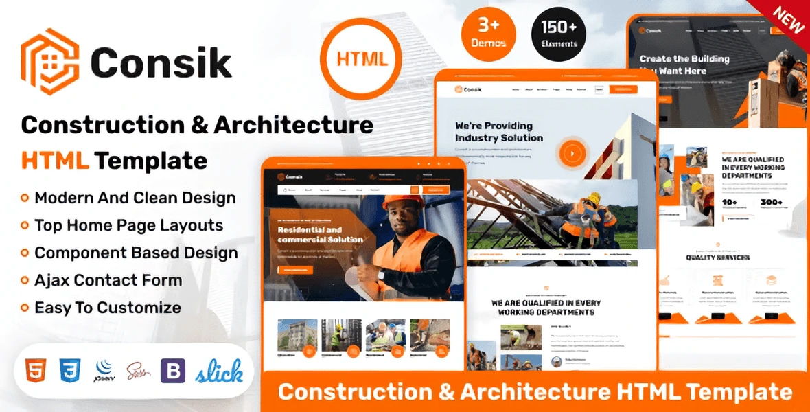 Consik construction and architecture HTML template preview built with Elementor PRO