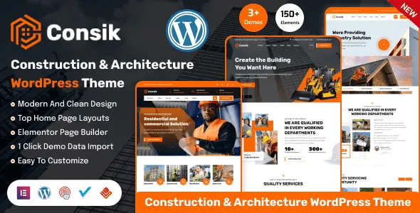 Consik construction WordPress theme preview showing professional contractor website layout