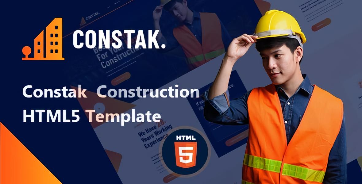 Constak construction HTML5 website template preview showcasing a clean modern layout for building and contractor businesses