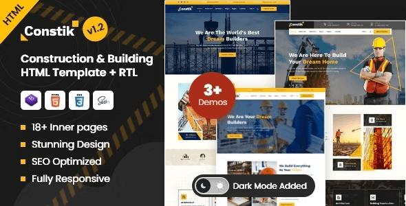 Constik construction company HTML template preview with demo variations