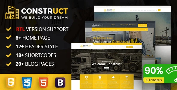 Construct construction HTML template homepage preview for building companies