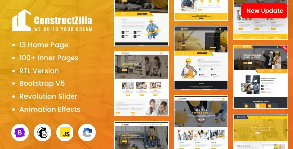 ConstructZilla construction HTML template homepage preview showing Bootstrap 4 responsive design with RTL support