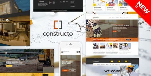 Constructo construction WordPress theme homepage preview with professional layout and responsive design