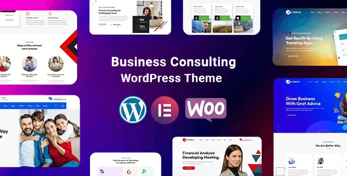 Consua business consulting WordPress theme showing responsive layout with Elementor PRO design