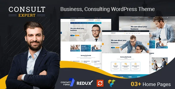 Consult Expert consulting WordPress theme homepage preview showing professional business layout with services, team, and contact sections