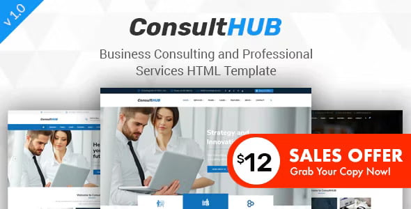 Consult HUB business consulting HTML template homepage preview showing responsive professional services website layout
