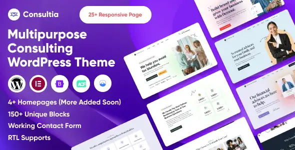 Consultia consulting WordPress theme homepage preview showing professional business layout with service cards, team section, and client testimonials