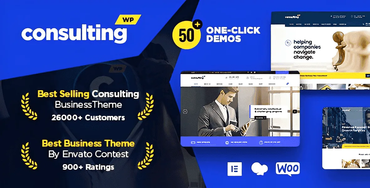 Consulting WordPress theme homepage showing professional corporate design with hero slider, service sections, and modern navigation