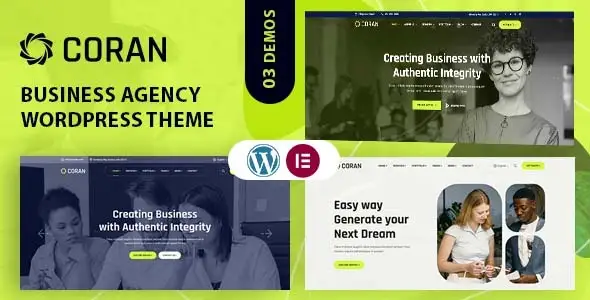 Coran business agency WordPress theme homepage preview showing modern corporate design with Elementor page builder