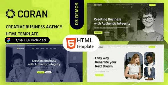 Coran creative agency HTML template preview showing responsive homepage design on desktop and mobile devices